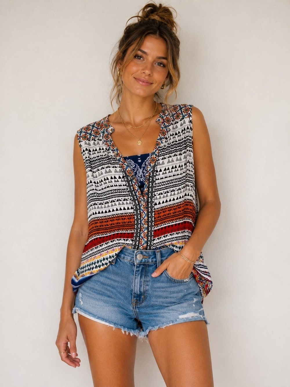 John Mark Multi-Color  Bohemian  V-Neck Sleeveless - Picture 3 of 7